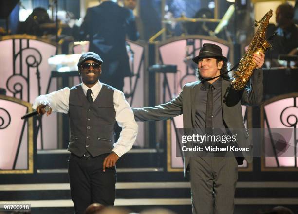 Musicians Johnny Gill and Boney James perform at 'An Evening of Stars: A Tribute To Lionel Richie' hosted by UNCF at Pasadena Civic Auditorium on...