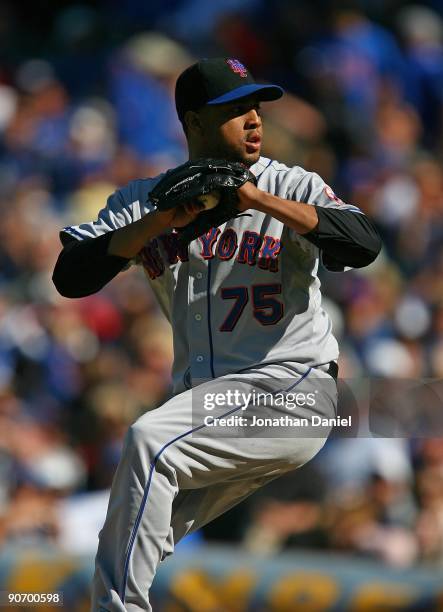 Francisco Rodriguez of the New York Mets pitches in the 9th inning against the Chicago Cubs on August 30, 2009 at Wrigley Field in Chicago, Illinois....