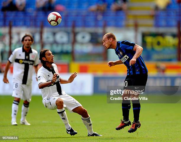 Cristian Zaccardo of Parma FC and Wesley Sneijder of FC Internazionale Milano during the Serie A match between FC Internazionale Milano and Parma FC...