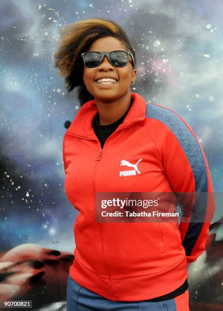 Mercury Music Prize winner Speech Debelle poses backstage of the Redbull arena on the last day of Bestival at Robin Hill Country Park on September...