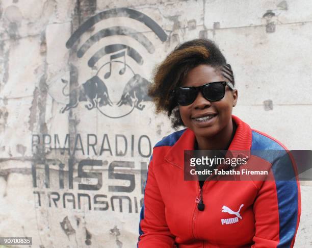 Mercury Music Prize winner Speech Debelle poses backstage of the Redbull arena on the last day of Bestival at Robin Hill Country Park on September...