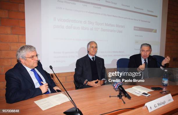 Carlo Verna, Giovanni Malago' president of CONI, Luigi Ferrajolo president of USSI attend the Italian Football Federation and USSI seminar at Giulio...