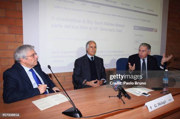 Carlo Verna, Giovanni Malago' president of CONI, Luigi Ferrajolo president of USSI attend the Italian Football Federation and USSI seminar at Giulio...