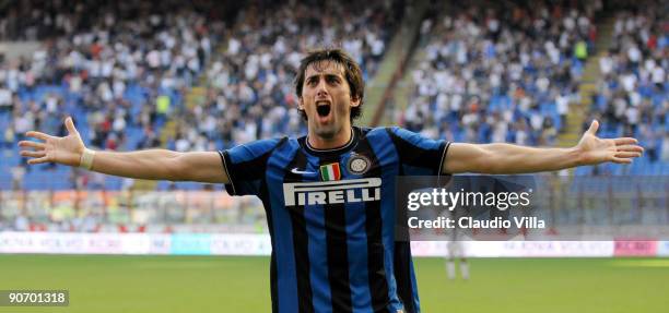 Diego Alberto Milito of Inter Milan celebrates after scoring him team's second goal during the Serie A match between Inter Milan and Parma at Stadio...