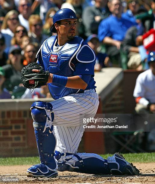 Geovany Soto of the Chicago Cubs looks to the infield after the New York Mets score a run on August 30, 2009 at Wrigley Field in Chicago, Illinois....