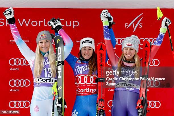 Lindsey Vonn of USA takes 2nd place, Sofia Goggia of Italy takes 1st place, Mikaela Shiffrin of USA takes 3rd place during the Audi FIS Alpine Ski...