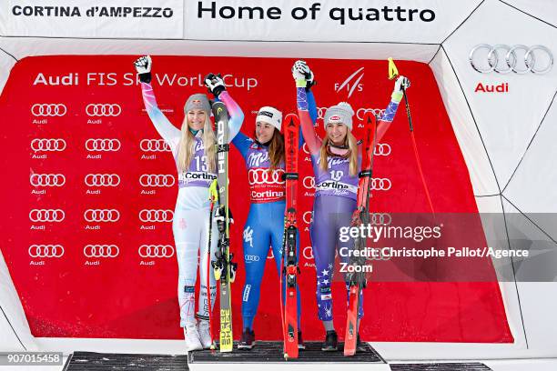 Lindsey Vonn of USA takes 2nd place, Sofia Goggia of Italy takes 1st place, Mikaela Shiffrin of USA takes 3rd place during the Audi FIS Alpine Ski...