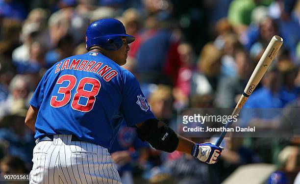 Carlos Zambrano of the Chicago Cubs prepares to hit against the New York Mets on August 30, 2009 at Wrigley Field in Chicago, Illinois. The Mets...