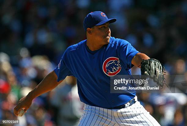 Carlos Zambrano of the Chicago Cubs pitches against the New York Mets on August 30, 2009 at Wrigley Field in Chicago, Illinois. The Mets defeated the...