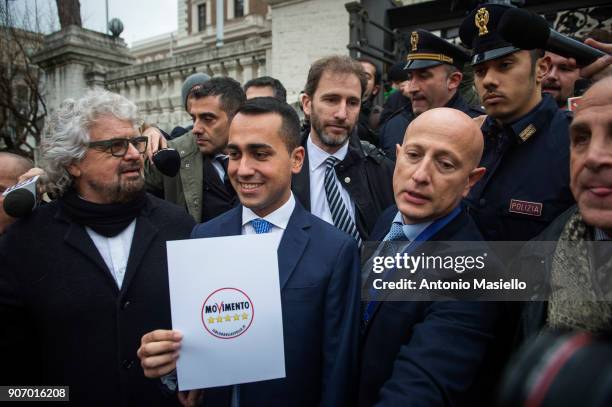 Star Movement leaders, Beppe Grillo and Luigi Di Maio show the official symbol and political program for the upcoming political elections in Rome,...