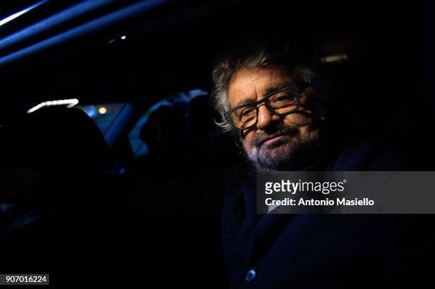 Star Movement leader Beppe Grillo speaks with journalists before registered the official symbol and political program for the upcoming political...