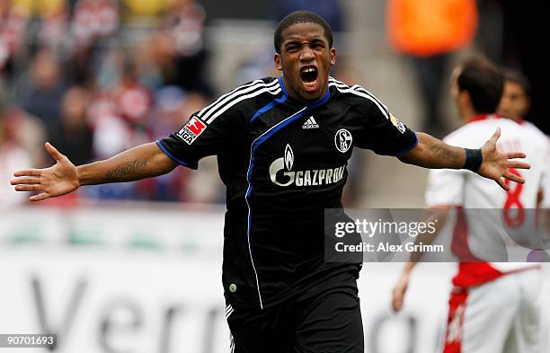 Jefferson Farfan of Schalke celebrates his team's first goal during the Bundesliga match between 1. FC Koeln and FC Schalke 04 at Rhein Energie...