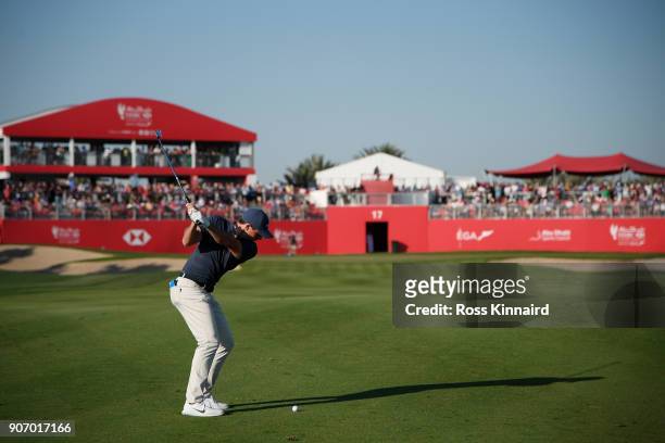 Rory McIlroy of Northern Ireland plays his second shot on the 17th hole during round two of the Abu Dhabi HSBC Golf Championship at Abu Dhabi Golf...