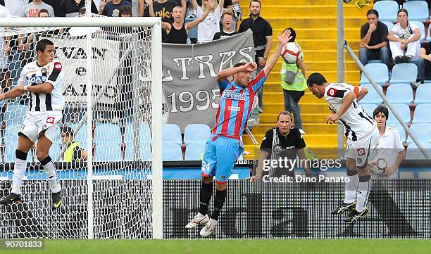 Antonio Di Natale of Udinese Calcio scores Udinese's second goal during the Serie A match between Udinese Calacio and Catania Calcio at Stadio Friuli...