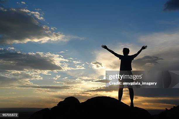silhouette frau arme hoch in den sonnenuntergang himmel, landschaft - silbertreifen am horizont stock-fotos und bilder