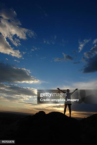 silhueta de mulher com os braços levantados para pôr do sol paisagem de - pico sandia - fotografias e filmes do acervo