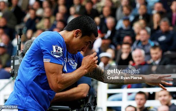 Tim Cahill of Everton celebrates after scoring the opening goal during the Barclays Premier League match between Fulham and Everton at Craven Cottage...