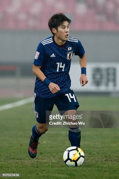 Takagi Akito of Japan in action during AFC U23 Championship Quarter-final between Japan and Uzbekistan at Jiangyin Sports Center on January 19, 2018...