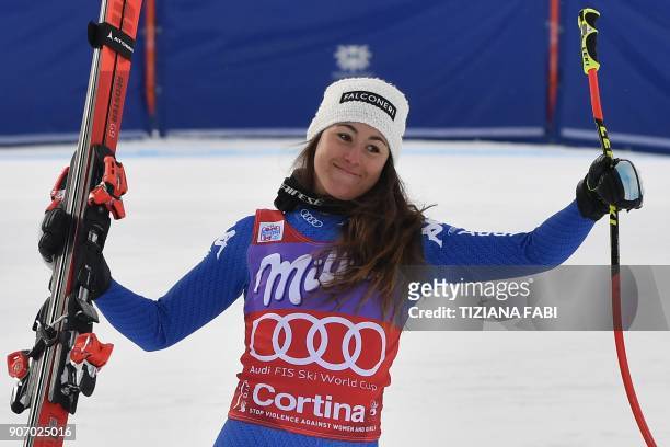 Winner Sofia Goggia of Italy celebrates during the podium ceremony of the FIS Alpine World Cup Women's Downhill replacing Val d'Isere event on...