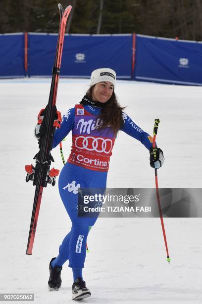 Winner Sofia Goggia of Italy celebrates during the podium ceremony of the FIS Alpine World Cup Women's Downhill replacing Val d'Isere event on...