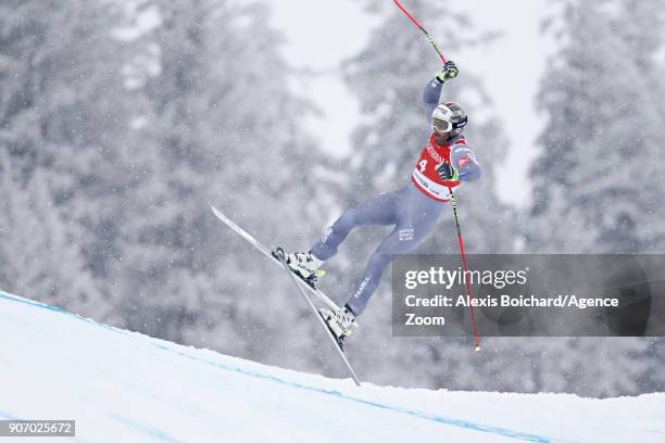 Adrien Theaux of France in action during the Audi FIS Alpine Ski World Cup Men's Super G on January 19, 2018 in Kitzbuehel, Austria.