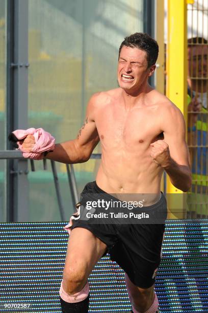 Igor Budan of Palermo celebrates scoring an equalising goal during the Serie A match played between US Citta di Palermo and AS Bari at Stadio Renzo...