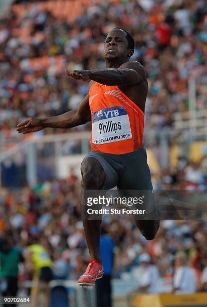 Dwight Phillips of USA in action in the Mens Long Jump during day two of the IAAF World Athletics Final at the Kaftanzoglio stadium on September 13,...
