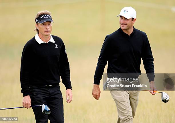Bernhard Langer and Florian Fritsch of Germany during the final round of The Mercedes-Benz Championship at The Gut Larchenhof Golf Club on September...