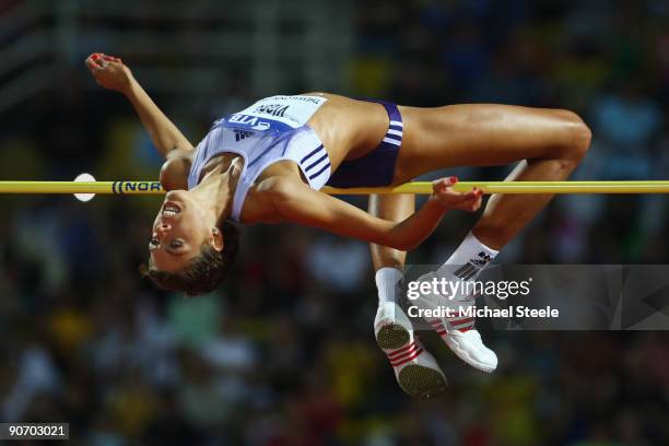 Blanka Vlasic of Croatia in action during the women's high jump during day two of the IAAF World Athletics Final at the Kaftanzoglio Stadium on...