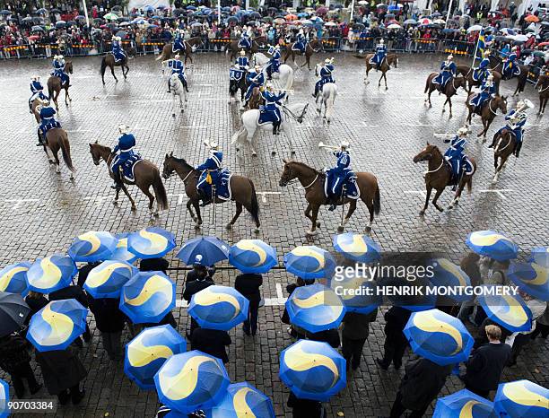 Swedish national mounted guard perform during an inauguration ceremony of a European Union informal meeting of agriculture and fisheries ministers in...