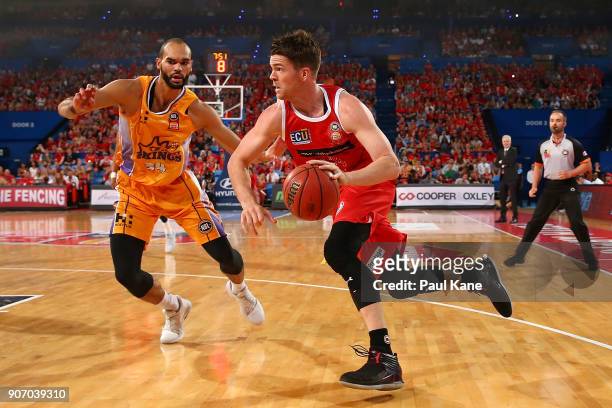 Lucas Walker of the Wildcats drives to the basket during the round 15 NBL match between the Perth Wildcats and the Sydney Kings at Perth Arena on...