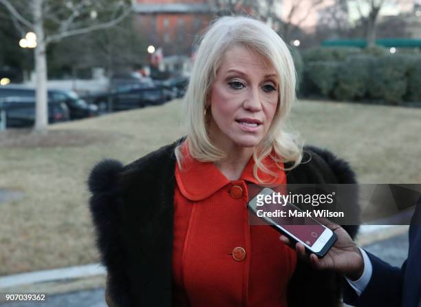 White House counselor Kellyanne Conway speaks to reporters about the possibility of a government shutdown at midnight tonight, January 19, 2018 in...
