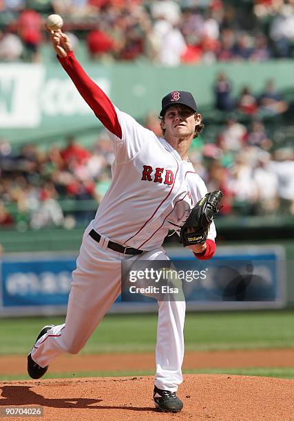 Clay Buchholz of the Boston Red Sox delivers a pitch in the first inning against the Tampa Bay Rays on September 13, 2009 at Fenway Park in Boston,...