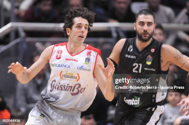 Amedeo Della Valle of Grissin Bon competes with Pietro Aradori of Segafredo during the LBA LegaBasket of Serie A match between Virtus Segafredo...