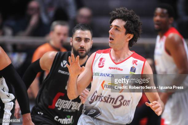 Amedeo Della Valle of Grissin Bon competes with Pietro Aradori of Segafredo during the LBA LegaBasket of Serie A match between Virtus Segafredo...