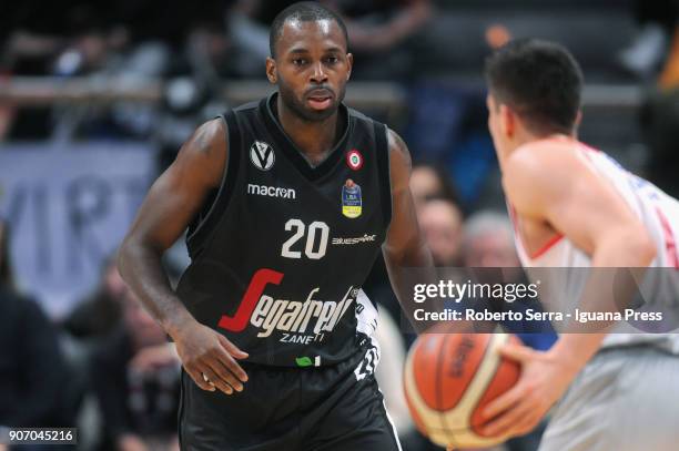 Leonardo Candi of Grissin Bon competes with Oliver Lafayette of Segafredo during the LBA LegaBasket of Serie A match between Virtus Segafredo Bologna...