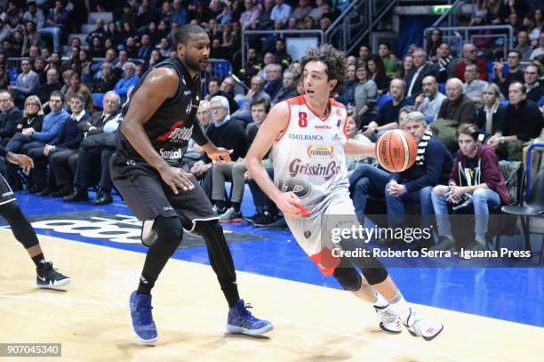 Amedeo Della Valle of Grissin Bon competes with Marcus Slaughter of Segafredo during the LBA LegaBasket of Serie A match between Virtus Segafredo...