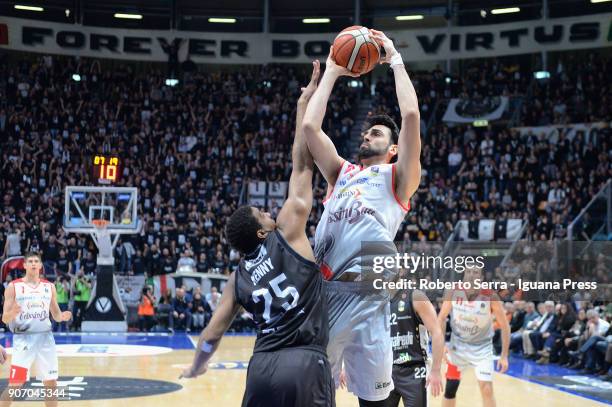 Riccardo Cervi of Grissin Bon competes with Kenny Lawson and Alessandro Gentile and Oliver Lafayette of Segafredo during the LBA LegaBasket of Serie...