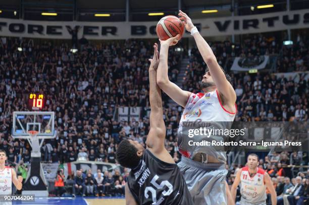 Riccardo Cervi of Grissin Bon competes with Kenny Lawson and Alessandro Gentile and Oliver Lafayette of Segafredo during the LBA LegaBasket of Serie...