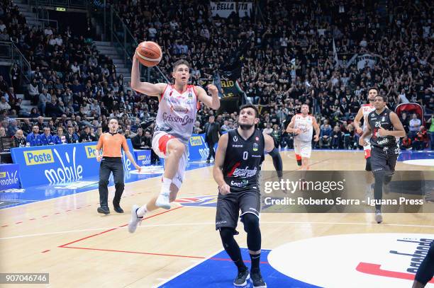 Leonardo Candi of Grissin Bon competes with Alessandro Gentile and Kenny Lawson and Michael Umeh of Segafredo during the LBA LegaBasket of Serie A...