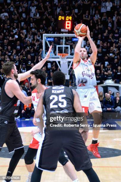 Manuchar Markoishvili and Riccardo Cervi of Grissin Bon competes with Kenny Lawson and Filippo Baldi Rossi of Segafredo during the LBA LegaBasket of...