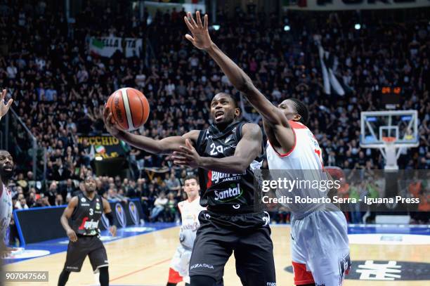 Oliver Lafayette of Segafredo competes with Jalen Reynolds of Grissin Bon during the LBA LegaBasket of Serie A match between Virtus Segafredo Bologna...