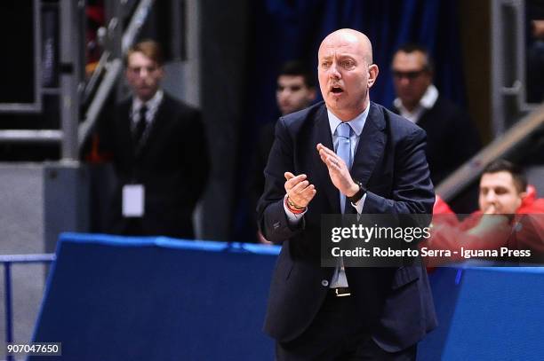 Massimiliano Menetti head coach of Grissin Bon talks over during the LBA LegaBasket of Serie A match between Virtus Segafredo Bologna and Grissin Bon...