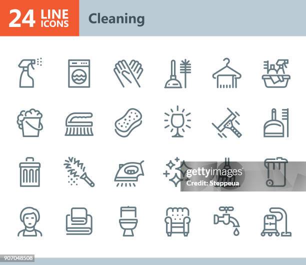 reinigung - linie vektor-icons - besen stock-grafiken, -clipart, -cartoons und -symbole