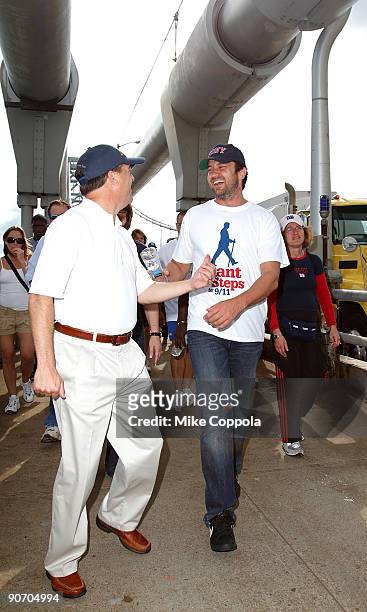 Actor Gerard Butler walks across the George Washington Bridge as he participates in the "Giant Steps For 9/11" walk on September 13, 2009 in New York...