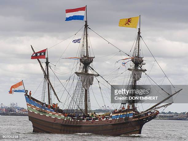 Replica of the Dutch ship Half Moon sails on September 13, 2009 in New York Harbor. The boat is in New York Harbor to commemorate English navigator...