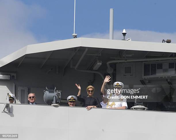 Dutch Princess Máxima waves from the Dutch Naval Frigate HNMLS Tromp as it sails on September 13, 2009 in New York Harbor. The ship is in New York...