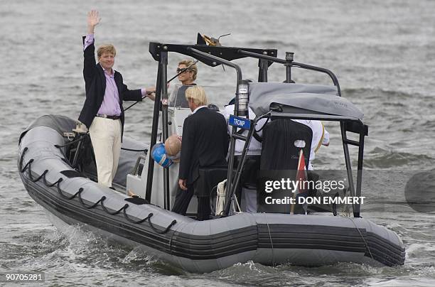 Dutch Prince Willem-Alexander and Princess Máxima are seen aboard a launch to be taken to the Dutch Naval Frigate HNMLS Tromp as it sails on...