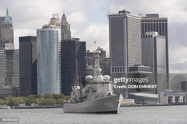 The Dutch Naval Frigate HNMLS Van Speijk drifts near Manhattan on September 13, 2009 in New York Harbor. The ship is in New York Harbor to...