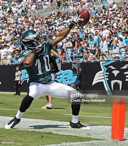 Wide receiver DeSean Jackson of the Philadelphia Eagles high celebrates a touchdown on a punt return during the game against the Carolina Panthers on...